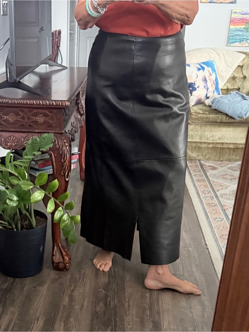 Siena Studio Grey Faux Leather Midi Skirt with Front Slits